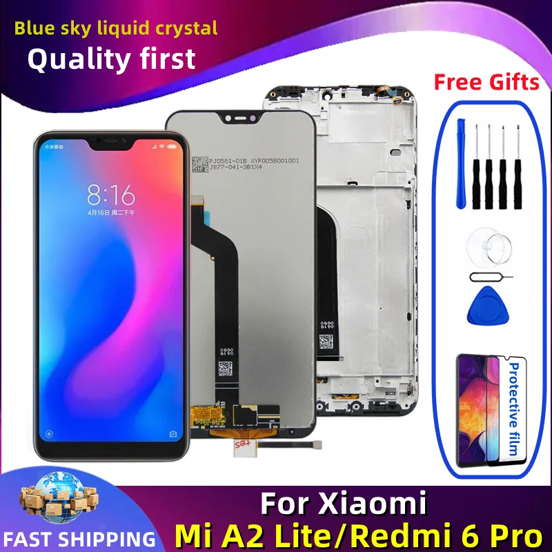 LCD with Frame for Mobile Phone Display, Touch Screen Digitizer Assembly Replacement, Xiaomi Mi A2 Lite, Redmi 6 Pro, Original