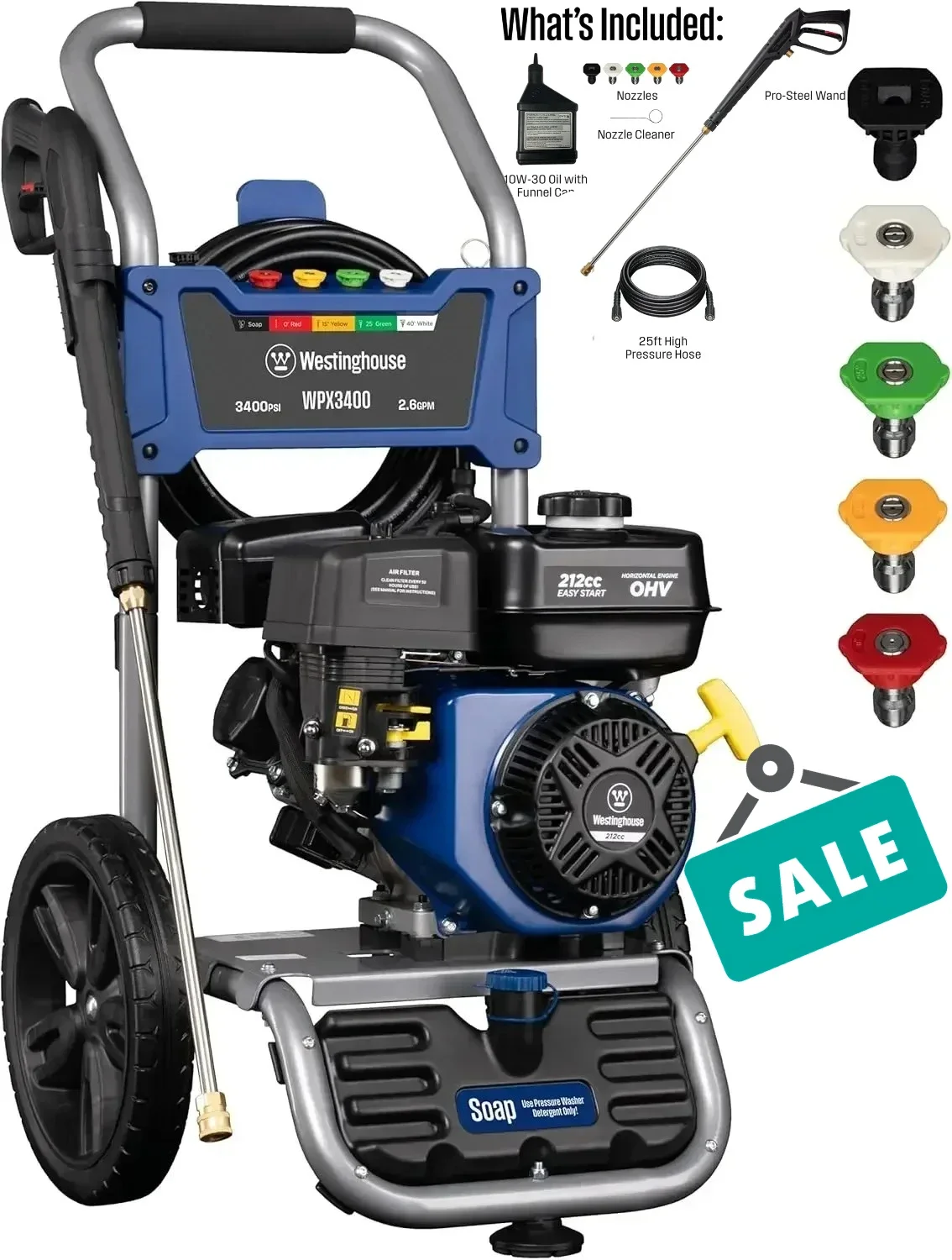 

High pressure washer Gas Pressure Washer, 3400 PSI and 2.6 Max GPM, Onboard Soap Tank, Spray Gun and Wand, 5 Nozzle Set