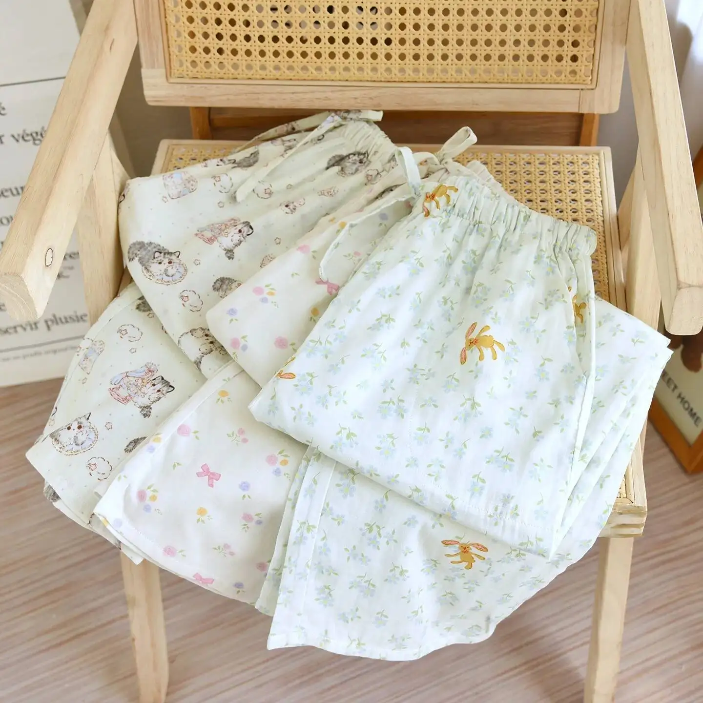 

Ночная одежда, женская хлопковая летняя одежда с принтом, тонкий дизайн, прямой свободный крой, подходит для верхней одежды и домашней одежды, брюк