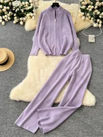 SINGREINY Women Thick Sweater Suits 2024 Zipper Design Loose Pullovers+Elastic Wide Legs Fashion Warm Knitted Two Pieces Sets - Image 3