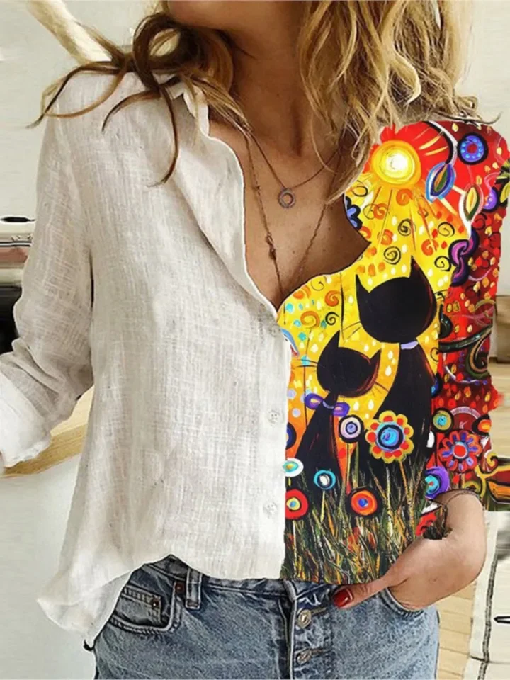 Camisa con estampado de tigre para mujer, camisa de retazos de colores contrastantes a la moda, camisa de manga larga con sentido superior, camisa de diseño de marca de otoño, Tops