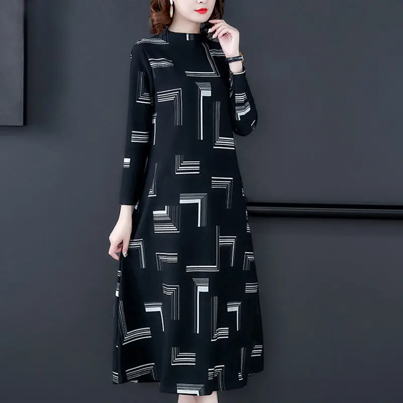 Women's Autumn Winter Fashion Simple Half High Neck Geometric 3D Versatile Long Sleeved Loose Plush Thickened Mid Length Dress