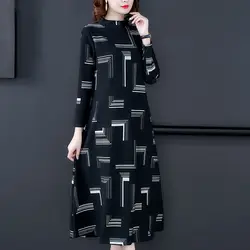 Women's Autumn Winter Fashion Simple Half High Neck Geometric 3D Versatile Long Sleeved Loose Plush Thickened Mid Length Dress