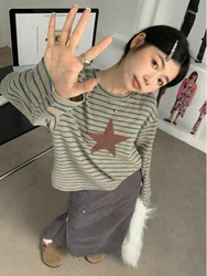 Retro American Striped Long Sleeve T-Shirt Women's Spring New Inner Wear Base Shirt Elegant Loose Lazy Chic Top