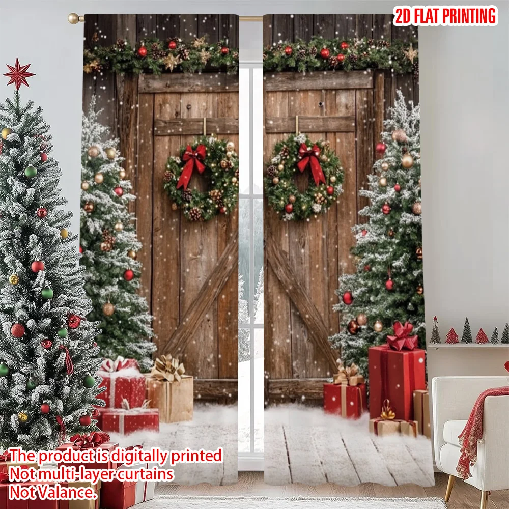 

2pcs 2D flat printing Merry Christmas Drapes Christmas barn door Versatile 100% Polyester Without Electricity Festive Holiday