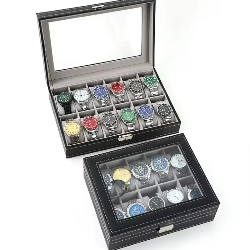 PU Leather Watch and Jewelry Organizer Box with Glass Lid, Multi-Compartment Storage for Men, 2-12 Slots