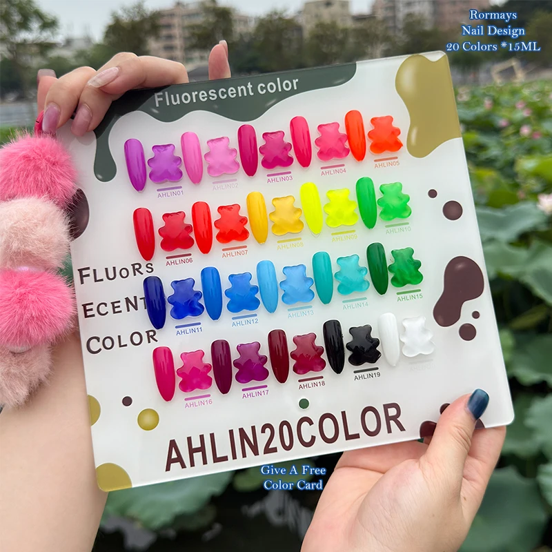 20 Colors Bright Neon Nail Gel Polish Set Fluorescent Solid Color Soak Off UV Gel Kit Bear Shape Nail Art Manicure Varnish Set