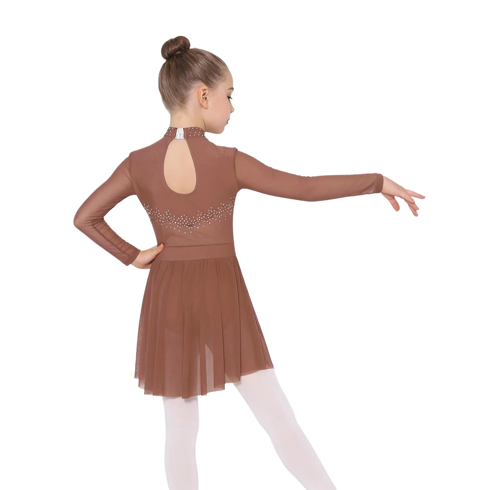 Kids Girls Shiny Rhinestones Lyrical Dance Costume Gymnastics Figure Skating Ballet Jersey Dress Sheer Mesh Ruched Leotard Dress