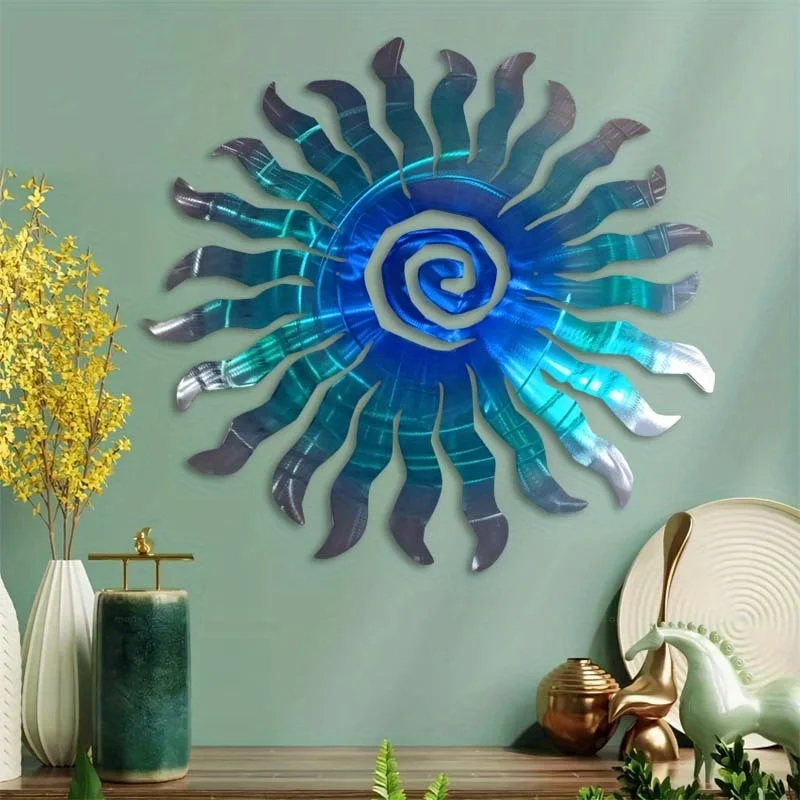 1 large solar metal wall decoration - green blue and dark blue radiant light, modern minimalist style indoor/outdoor decoration