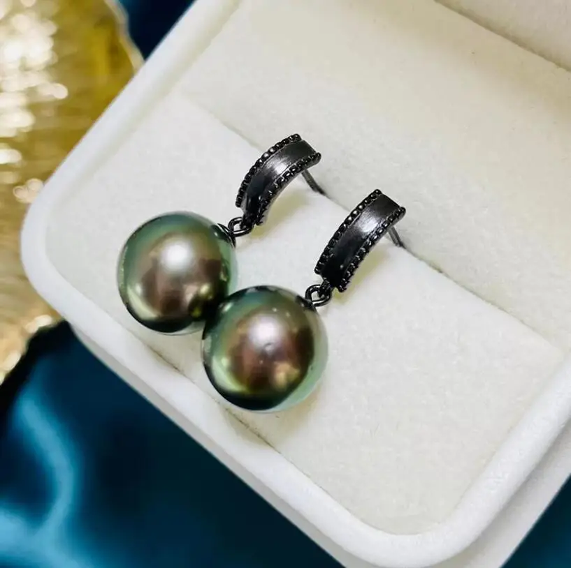 Elegant Huge Pair of South Sea 10-11mm Black Round Pearl Dangle Earring 925s