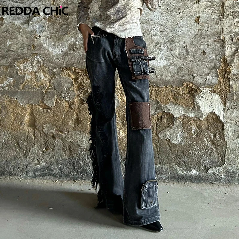 ReddaChic Tassels Destroyed Distressed Cargo Jeans Women Stitch Pockets Studded Low Waist Flare Pants Retro Cowgirl Streetwear