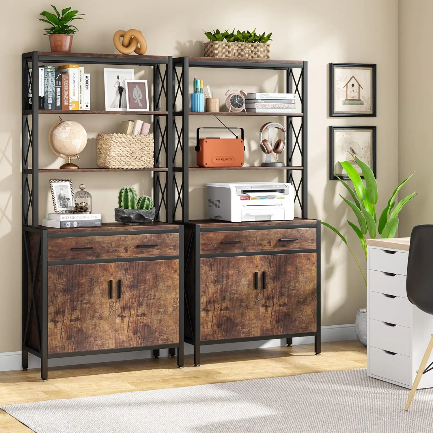 Bookshelf Set of 2, Tall Bookcase with Doors and Drawer, Industrial Etagere Storage Cabinet Display Rack for Home Office