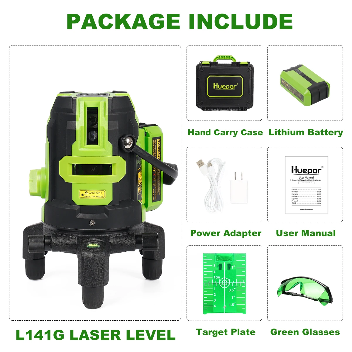 Huepar Green Multi-Lines Laser Level With Down Plumb Dot Self-Leveling Cross Line Laser Tool & 360°Rotate Base & Hard Carry Case