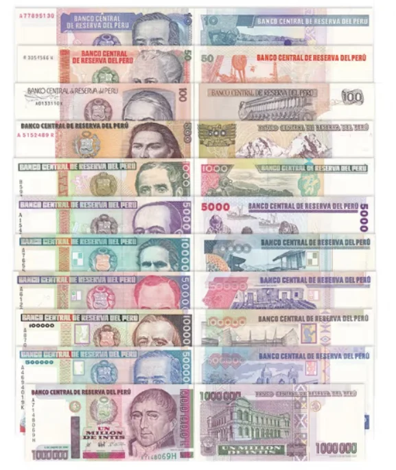 1870-1987-1990 Peru 10-1000000 Intis Original Notes UNC-PMG