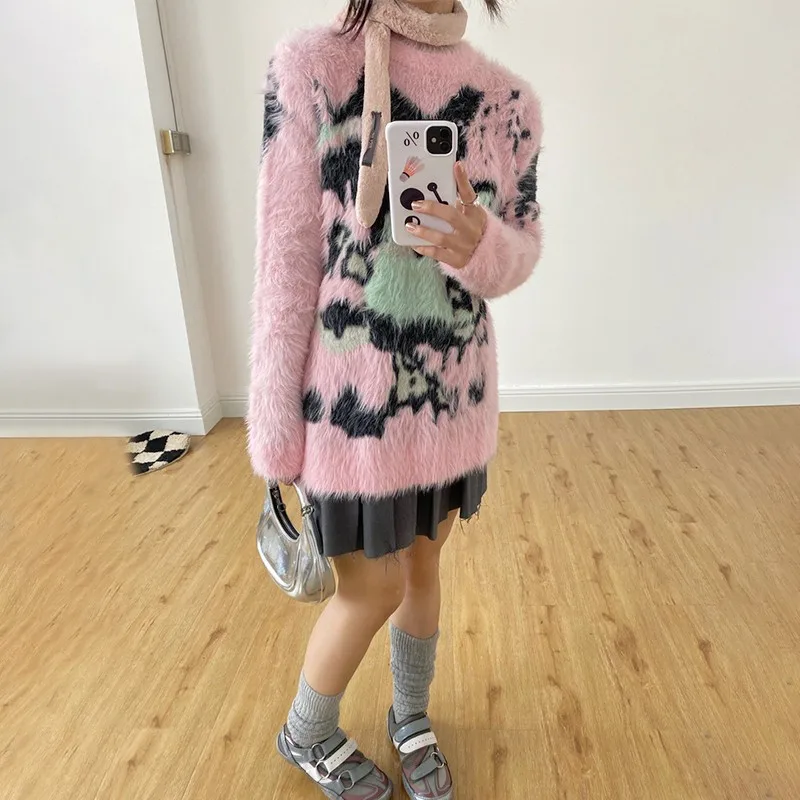 Karrram Japanese Y2k Pink Sweater Vintage Harajuku Knitted Pullover 2000s Aesthetic Kawaii Oversized Knitwear Mohair Cute Lolita