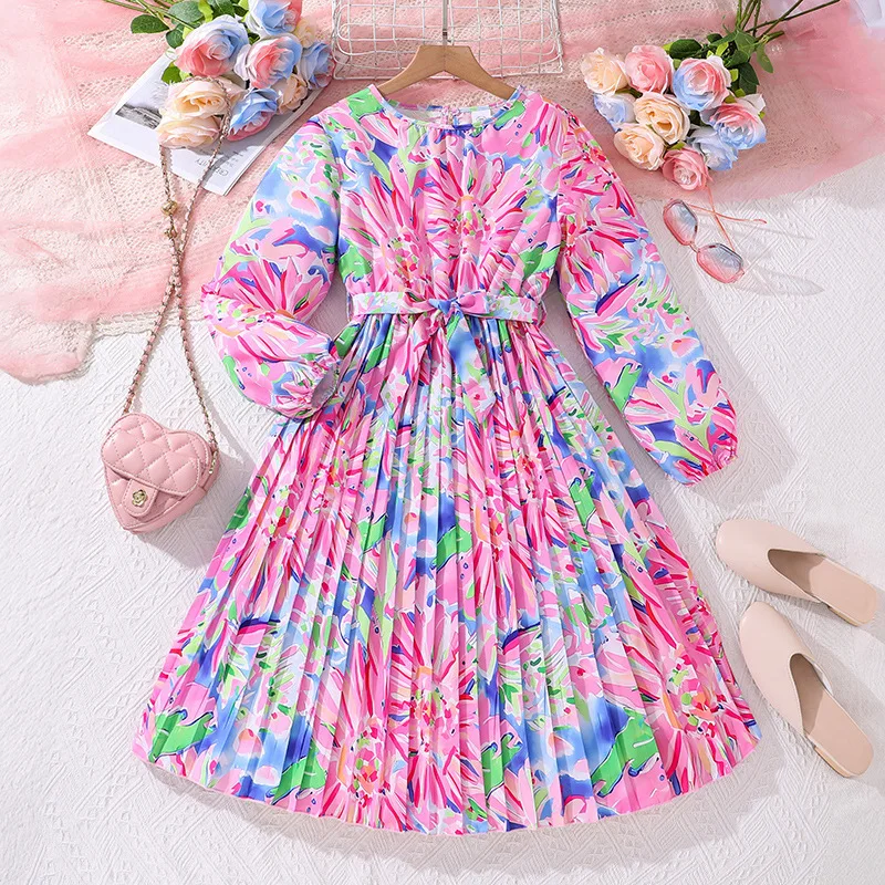 

2024 Winter New Girls Dress Long Sleeve O Neck Sashes Print Floral Pink Designer Girls Princess Dress Vestido 8-12T