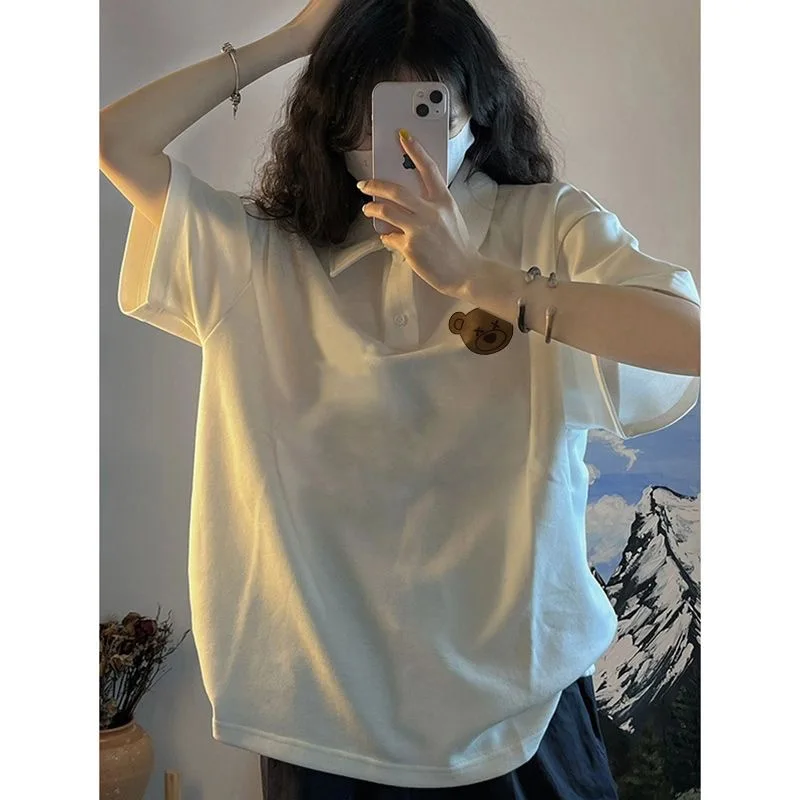 Cartoon Print Polo Shirts Short Sleeve 100% Cotton Y2K Cute Women Tshirt Summer Harajuku Preppy Style Oversized Tops T Shirts