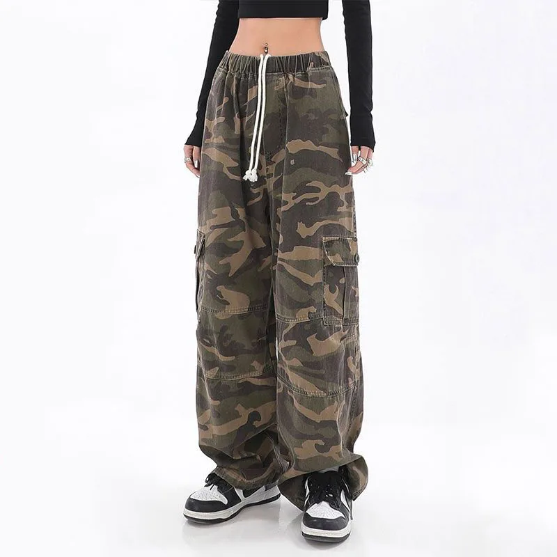 Women's camo pants, streetwear with elastic and lace-up pockets, spring and autumn casual vintage pants