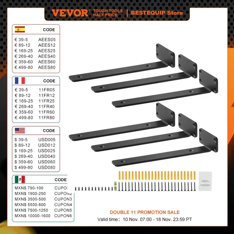 VEVOR Shelf Bracket 12”Lx4”Wx1.6”H 6 Pcs Heavy Duty Floating Shelf Brackets Brackets for Shelves 5mm Thick Matte L Shelf Bracket