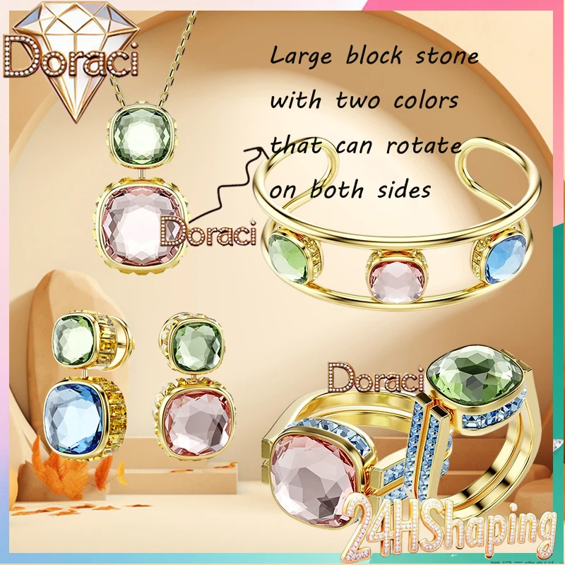 

2025 New Jewelry Set,Retro Double Sides with Multi Purpose Multi Colored Gemstones Bold Color Matching Necklace, Earrings, Rings
