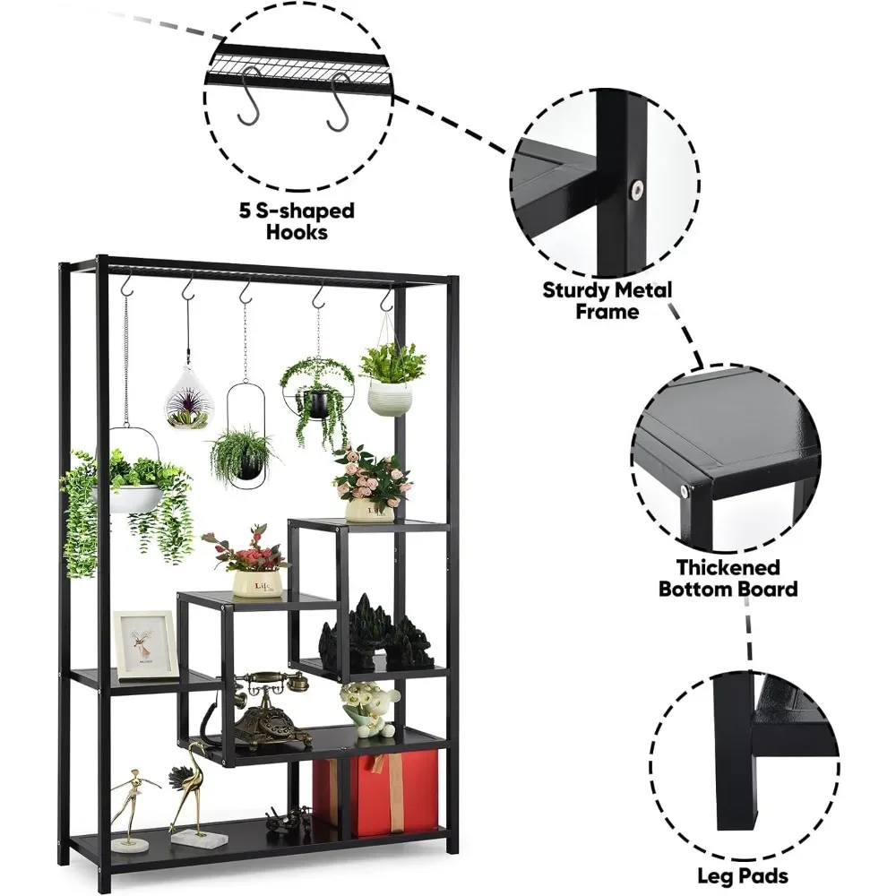 5 Tier Metal Plant Stand, 70.9inch Tall Indoor Plant Shelf with 6 Pcs Hanging Hooks, Flower Bonsai Pots Display Rack for Garden