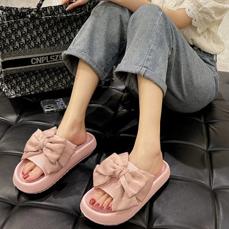 Women\'s Summer Home Non-Slip Thick Soled High Heels Treading Sandal Slippers 2024 New Fashionable Outerwear Bow Slippers