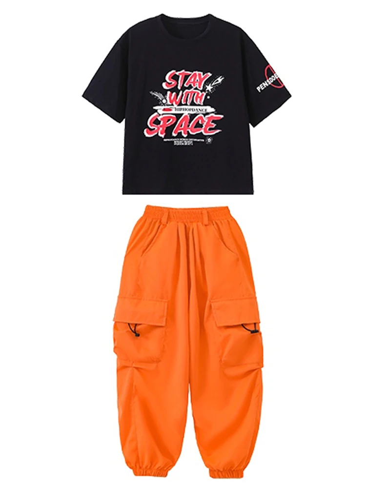 Kids Hiphop Danskleding Boys Street Dancewear Meisjes Jazz Performance Competitie Kleding Zomer Tops Oranje Broek Bl12642