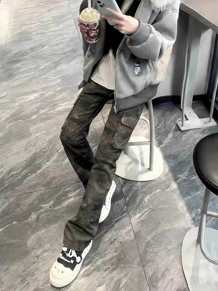 American Retro Camouflage Jeans Men's High Street Vibe Straight Leg Micro Flare Long Trousers Workwear Cleanfit mid Waist