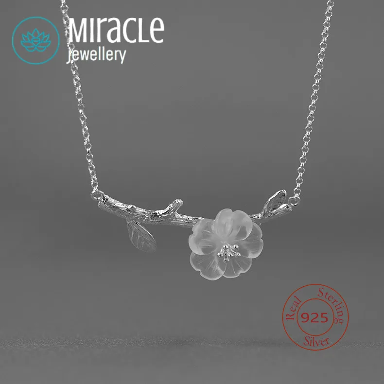 Miracle Sterling Silver 925 Original Design Rain Elegant Romantic Mountain Lotus Leaf White Crystal Flower Artistic Necklace