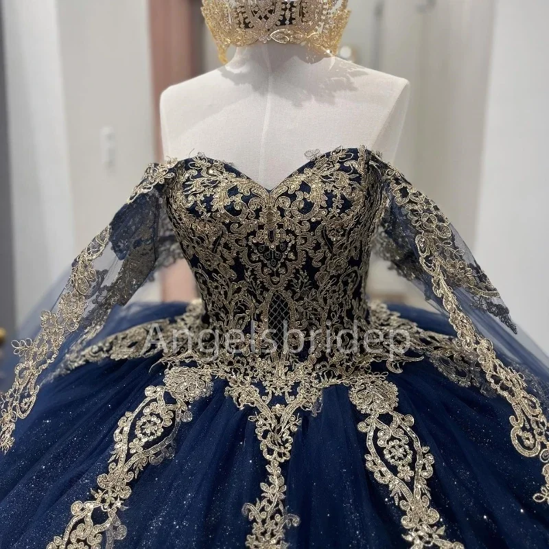 Angels bridep Marineblau Quince anera Kleider für 16 Mädchen von der Schulter Gold Applikationen Perlen Prinzessin Ballkleider Geburtstag Abschluss ball