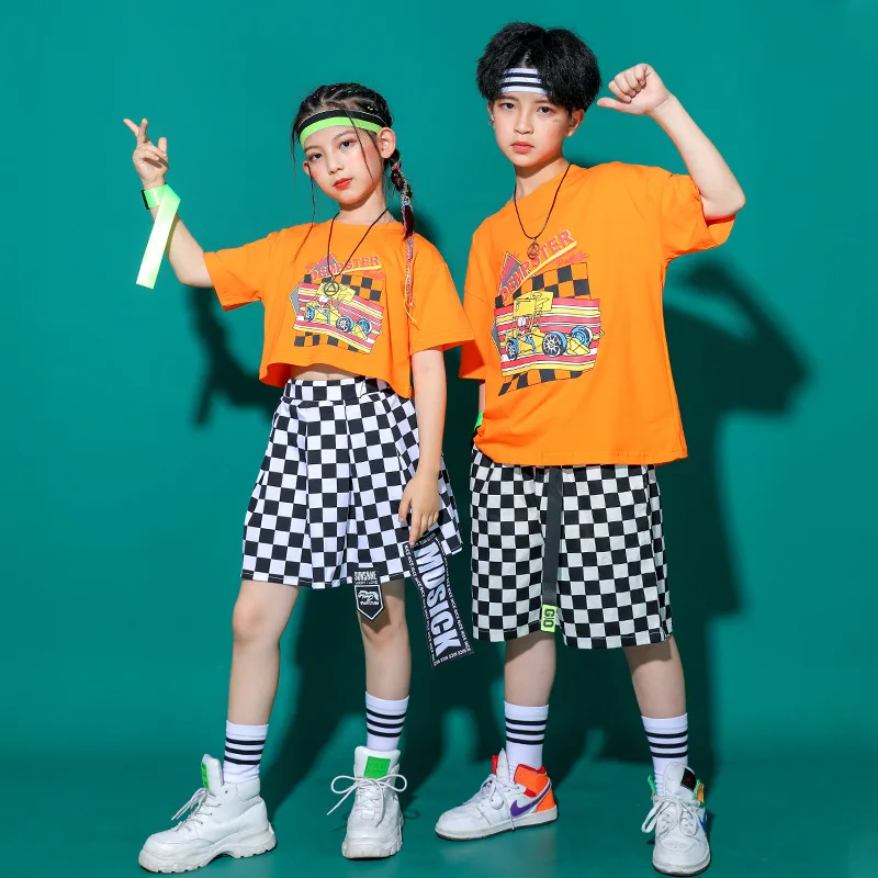 

Kid Hip Hop Clothing Green Orange Crop T Shirt Top Street Checkered Strap Shorts Skirt for Girl Boy Jazz Dance Costumes Clothes