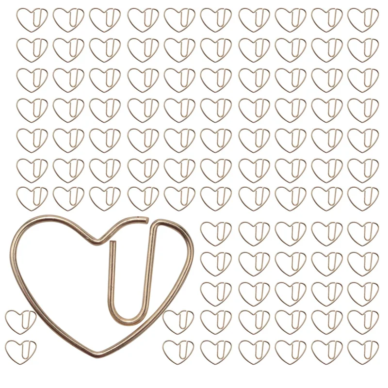 100 Pieces Love Heart Shaped Small Paper Clips Bookmark Clips for Office School Home Metal Paper Clips Golden