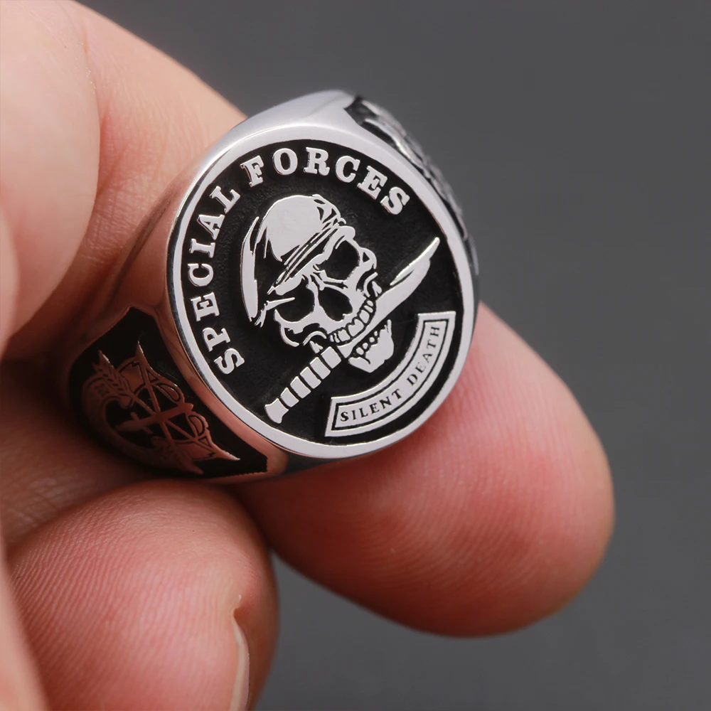 Mens Jewellery U.S. Army Special Forces Beret Skull Rings for Women Vintage Silver Color Silent Death Stamp Punk Gothic Jewelry