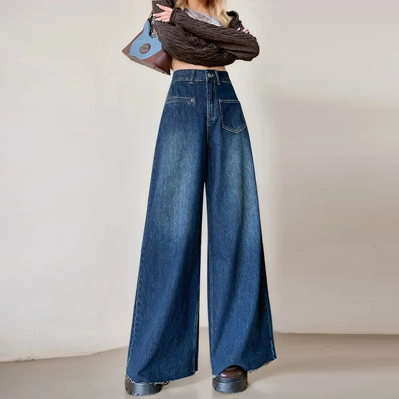 デニムワイドレッグパンツ レディース ジーンズ ルーズパンツ 2025 ストリートウェア ポケット ボタン ハイウエスト ダメージ加工 ウォッシュド フロア丈