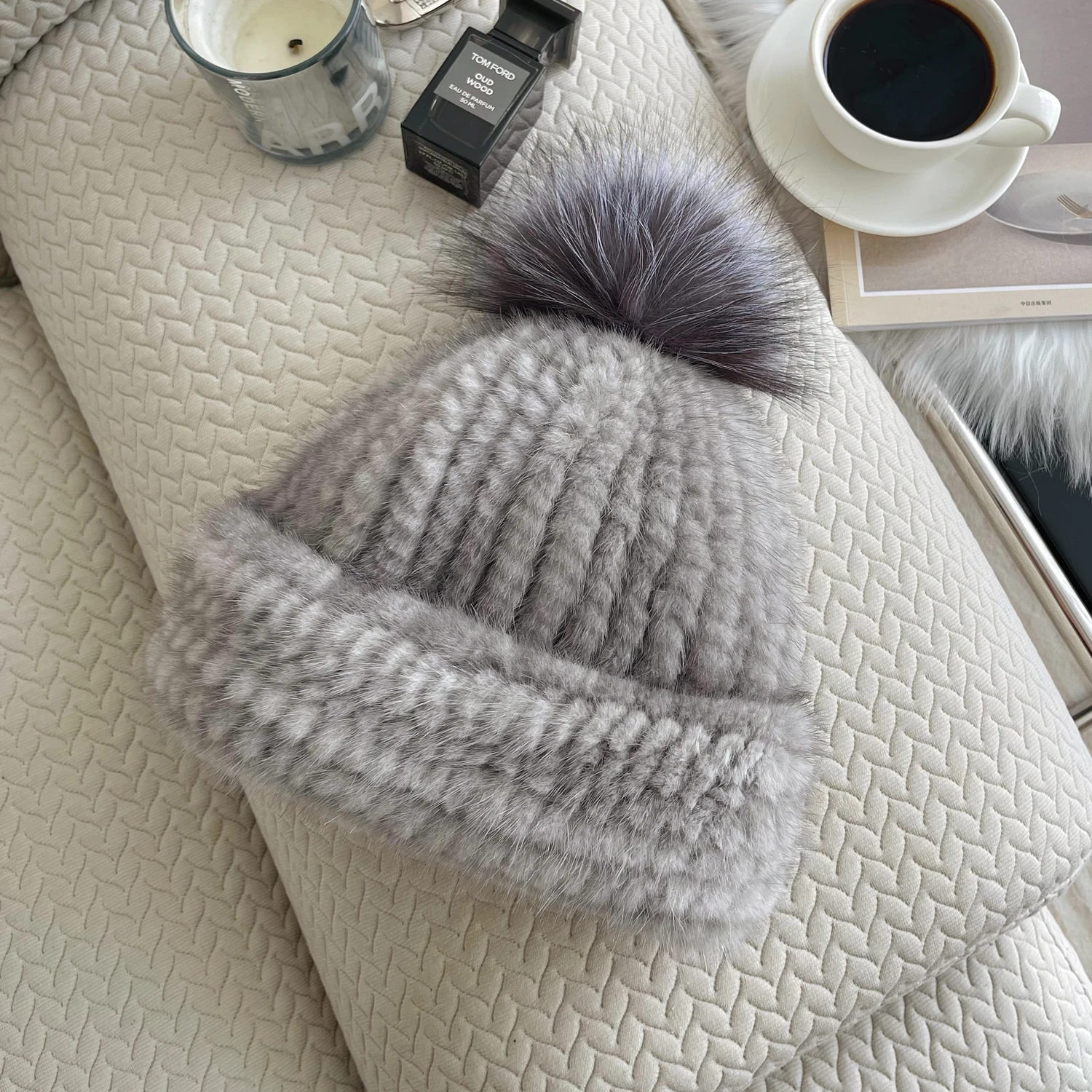 2024 New Women Winter Mink Fur Hats Knitted Real Mink Silver Fox Fur Ball Caps Female Russian Warm Beanies Hat Fur Hat