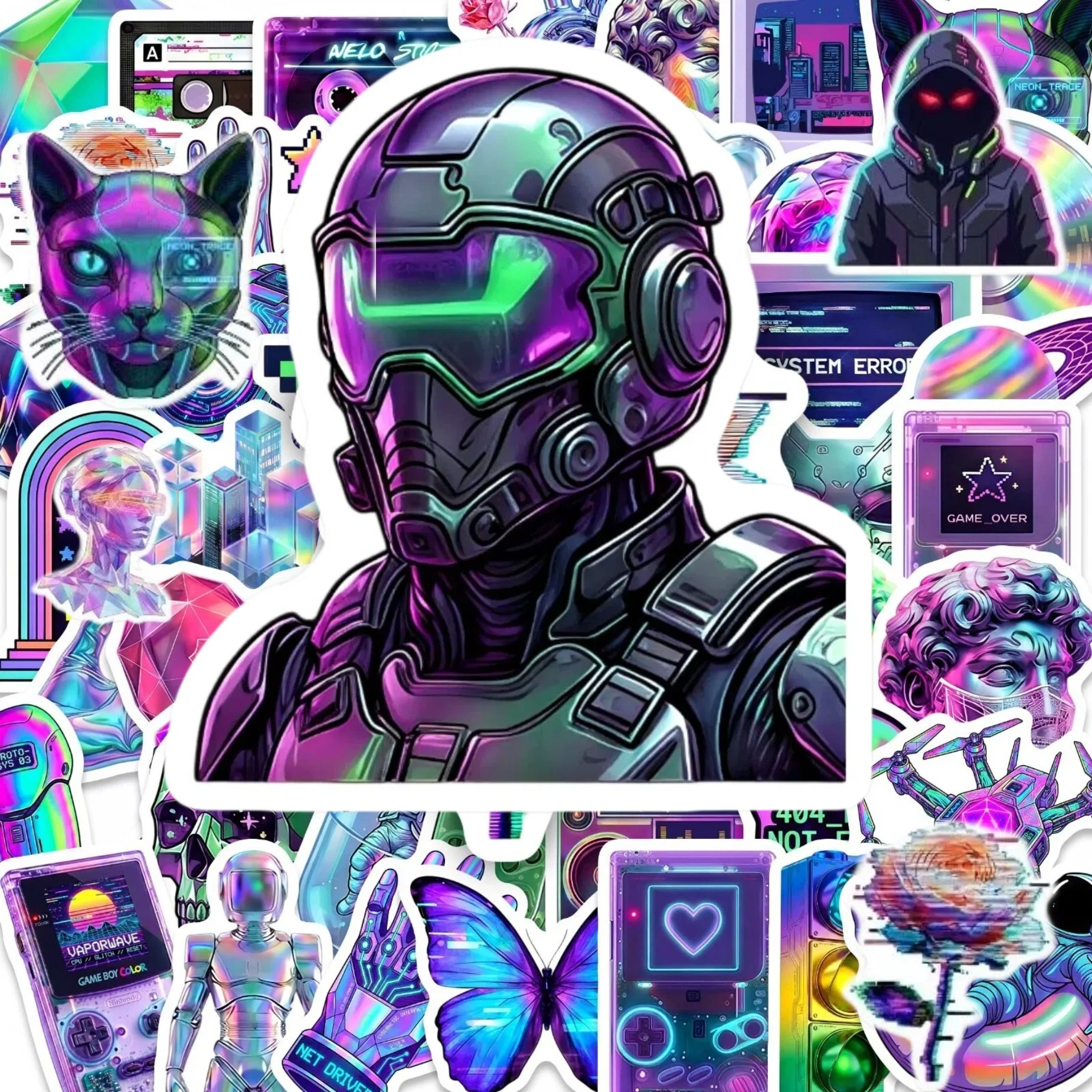10/30/50Pcs Cyberpunk Holographic Stickers Neon Vaporwave Aesthetic Decals For Laptop Water Bottle Skateboard Phone Decor