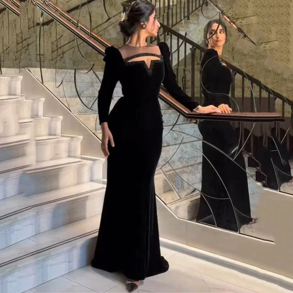 Customized Long Sleeve Evening Dresses For Women Illusion Patchwork Trumpet Velour Prom Gown Charming Celebrity Banquet