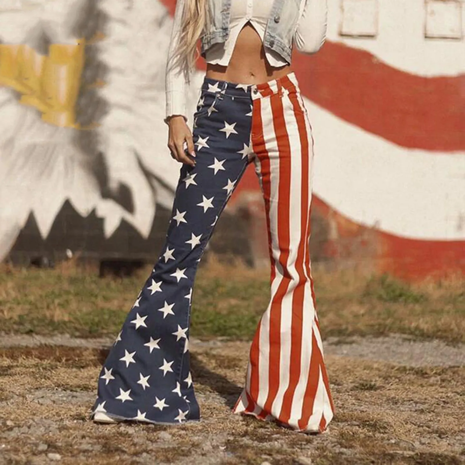

USA Flag Print Women's Independence Day Flared Jeans Pants Stretch High Waist Wide Leg Women Denim Trousers Streetwear Jeans