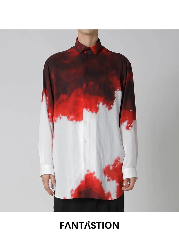 

FANTASTION Original Design Gradient blood color printed shirt daily Long sleeves casual Loose and oversized Unisex shirts