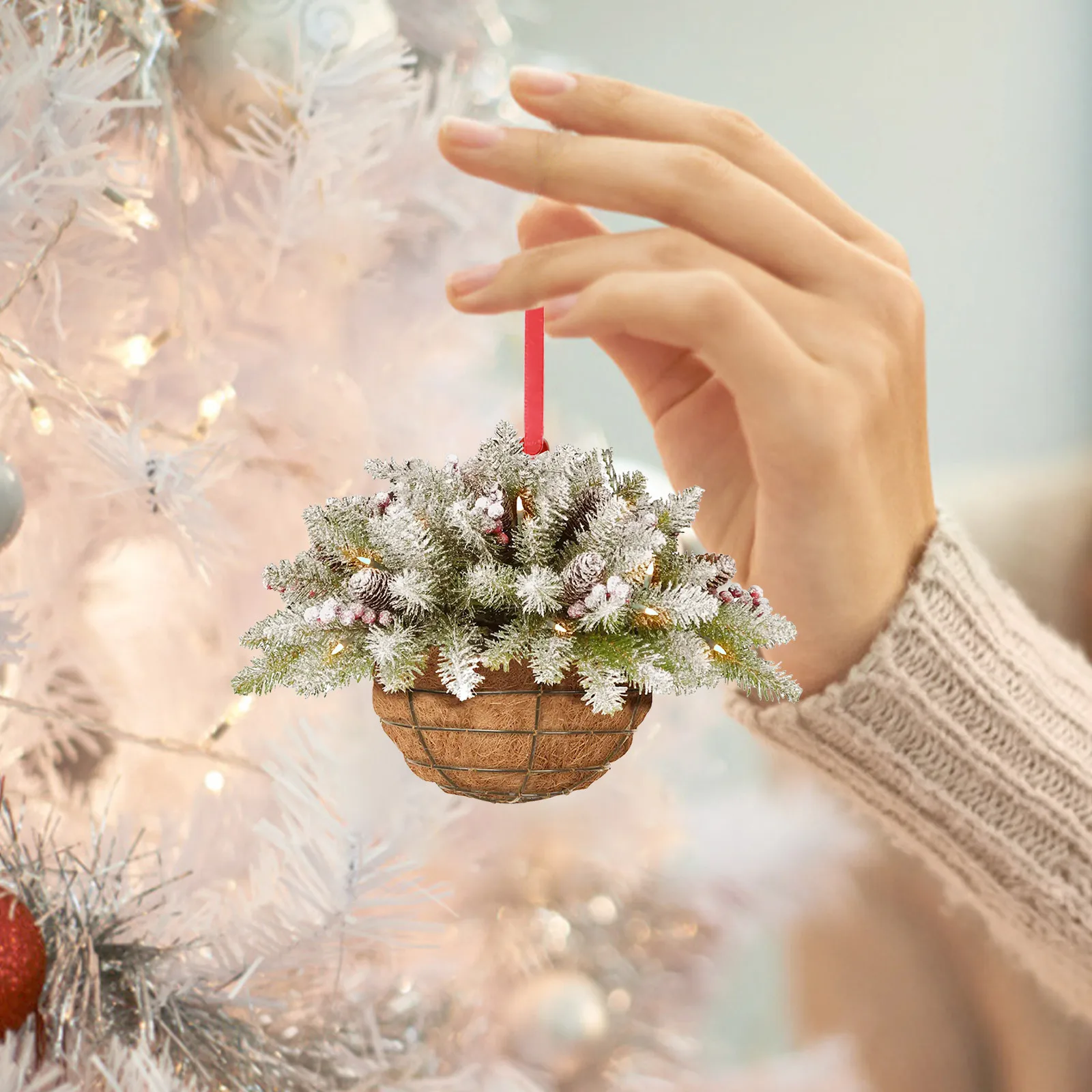 Artificial Hanging Flower Basket Christmas Pendant 2D Green Red Wreath Plant Xmas Tree Ornaments Merry Christmas Decoration Noel