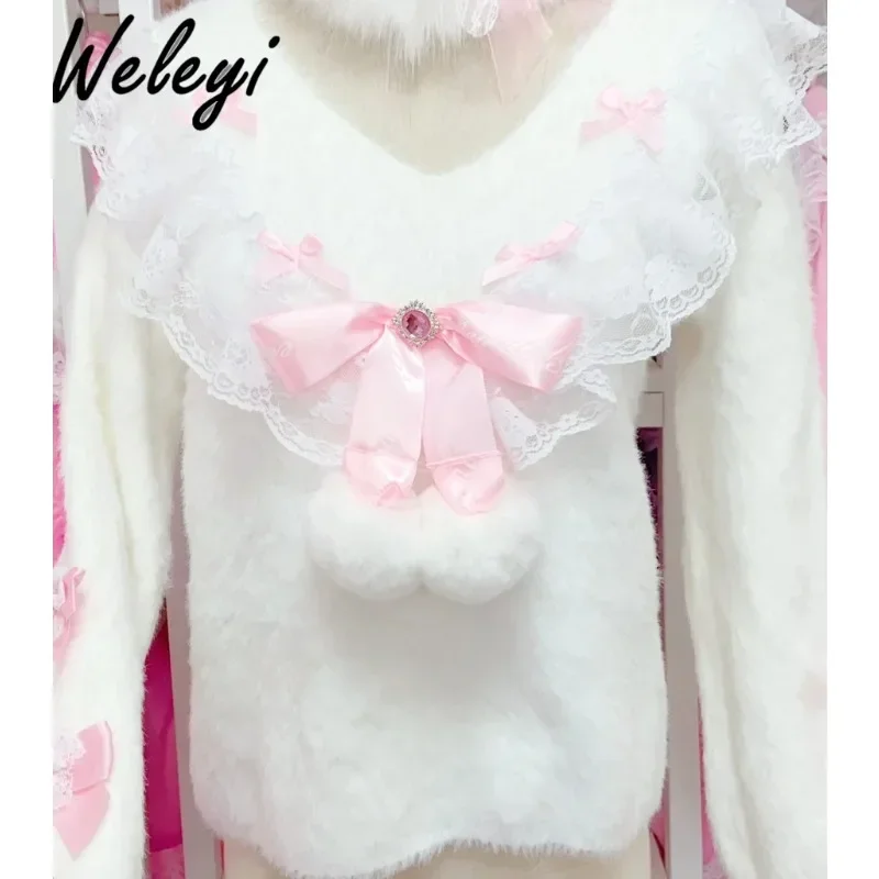 Sweet Lolita Sweater Knit Pullovers 2024 Winter Cute Women\'s Kawaii All Match Pink Bow Long Sleeve Thickened Sweater Jumper Top