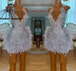 Sexy Silver Short Prom Dress For Black Girls 2024 Beaded Crystal Feathers Birthday Party Dresses  Mini Cocktail Customized