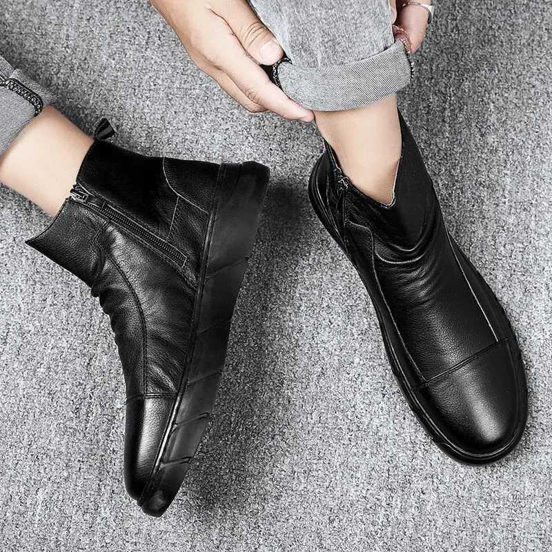 2026 Autumn Winter Men High Top Boots Fleece Lined Warm Casual Leather Shoes Comfortable Outdoor Ankle Boots for Men New