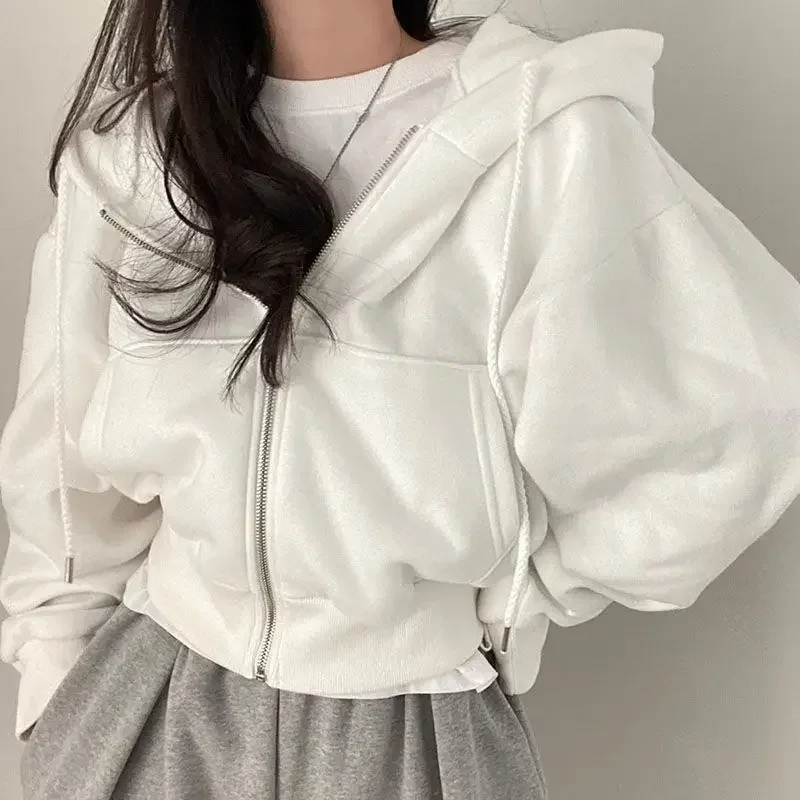 Korean Fashion Autumn Cropped Hoodie Women Short Warm Zipper Jacket Retro Hooded Zip-up Oversize Sweatshirt Casual Female