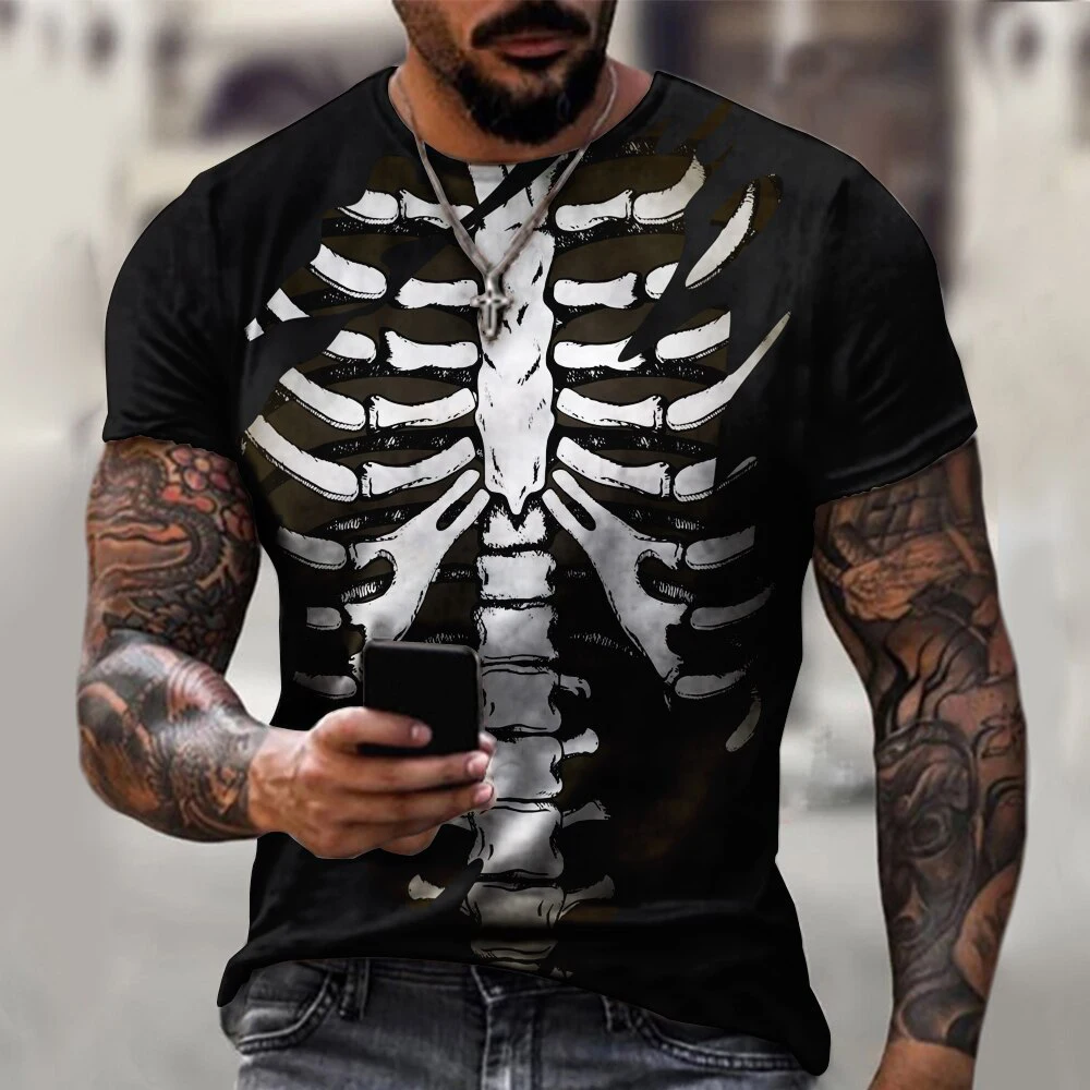 Camisetas de esqueleto de terror para hombres y mujeres, ropa de calle con estampado 3D de hueso aterrador, camiseta de manga corta de gran tamaño a