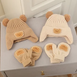 Bear Baby Winter Hat and Gloves Set, gorro infantil Pompom, gorro infantil de malha, touca infantil, 1 a 3 anos, acessórios para bebês