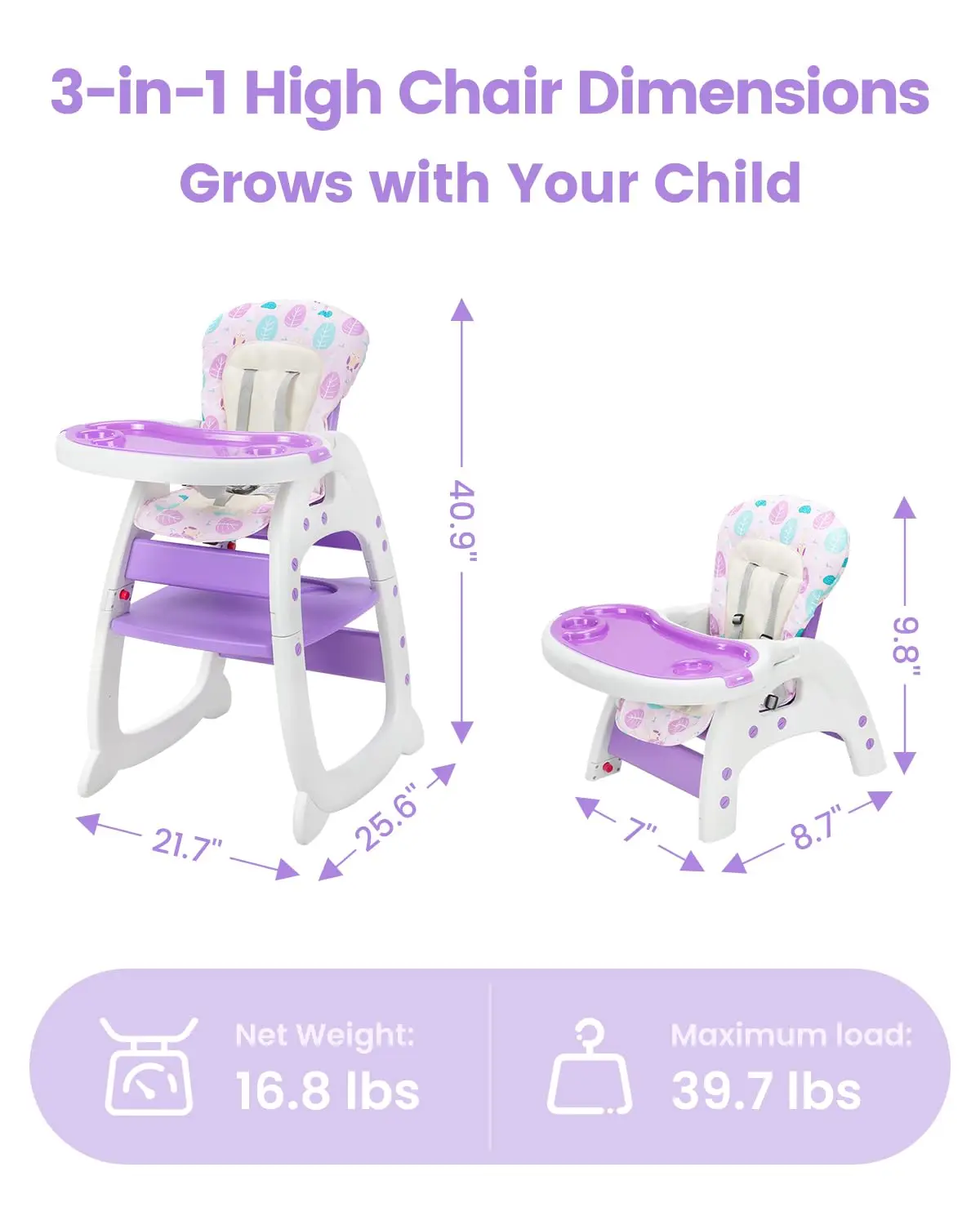 Trona para bebé, trona 3 en 1 para bebés y niños pequeños, trona convertible para comer para niños de 6 meses a 6 años, trona