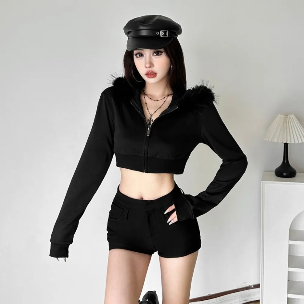 SylCue فروي المرقعة مقنعين سترة امرأة الخريف نمط جديد البريدي سترة كم كامل السرة مكشوف الشارع موضة المعاطف الكلاسيكية