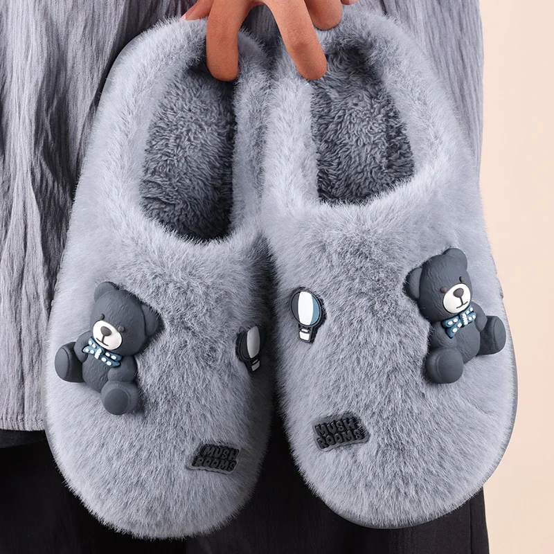 autumn winter cotton slippers women cute cartoon bear indoor home casual plush non slip unisex Toe wrap couple trendy warm shoes