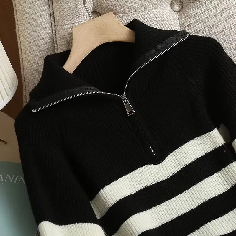 Maxdutti Winter Fashion Zipper Turtleneck Striped Sweaters Women Casual Knitwear Sweaters